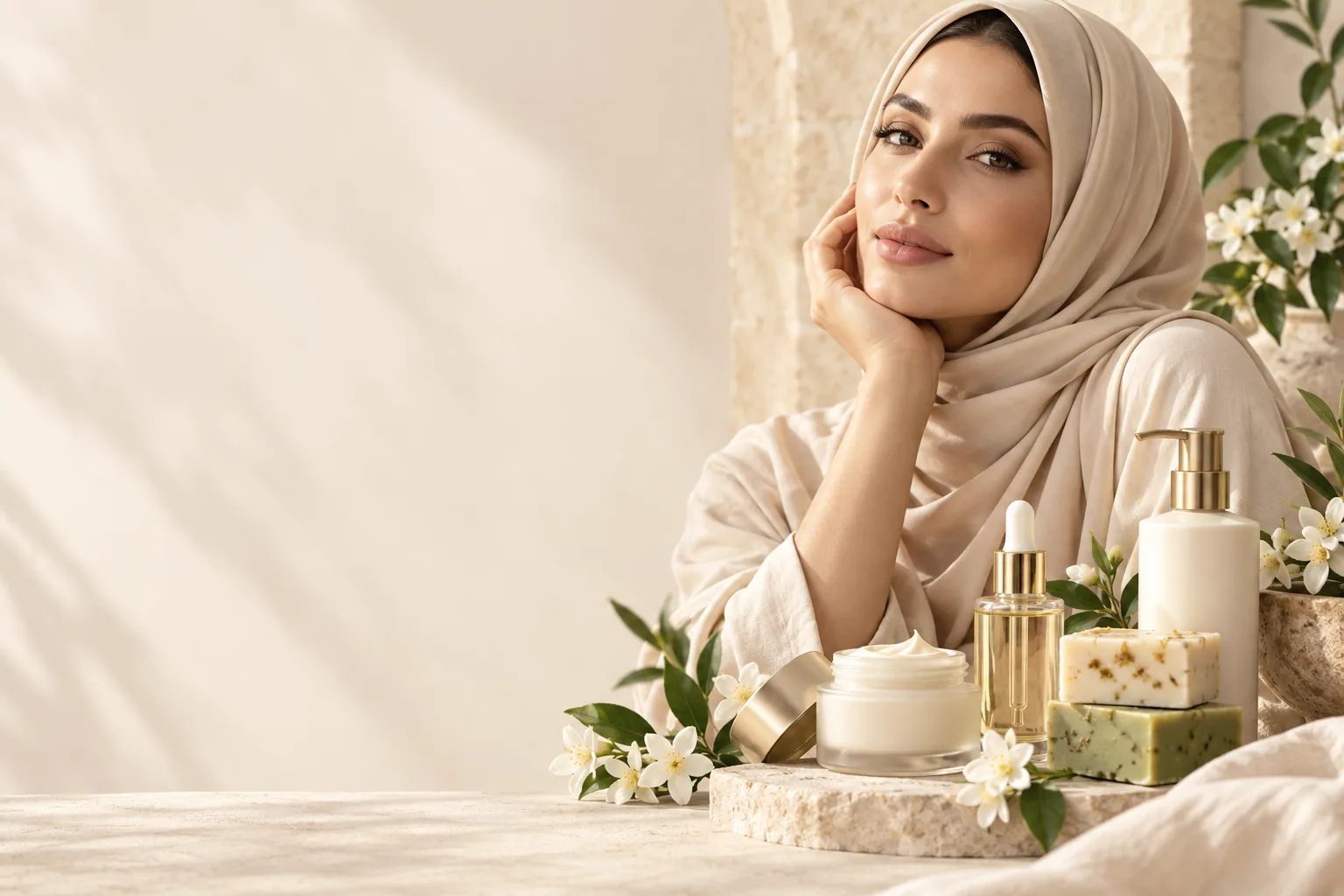 صورة تصورية للجمال مع مستحضرات تجميل وصابون يدوي